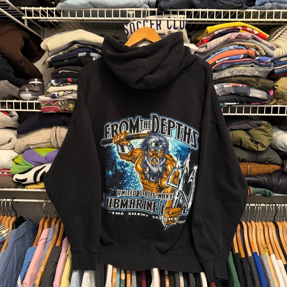 Vintage US Navy Submarine Force Hoodie Mens‎ XL Black From The Depths Graphic